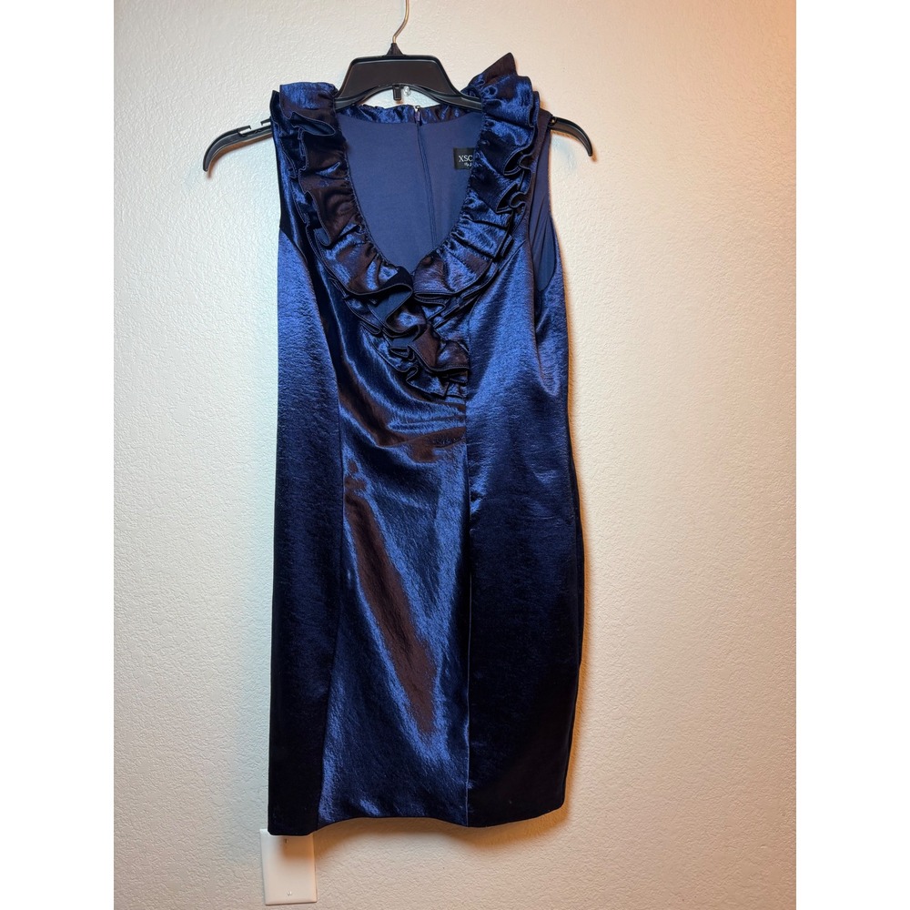 Xscape by Joanna Chen Navy Blue Metallic Ruffle V-Neck Cocktail Dress 12